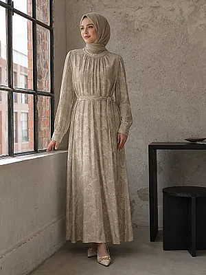 Jakarlı Elbise Bej/5095 - Thumbnail