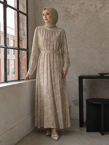 Jakarlı Elbise Bej/5095