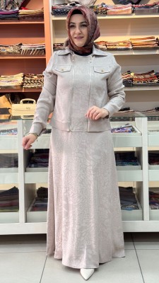 Jakarlı Fermuarlı Elbise Taş/30281 - Thumbnail
