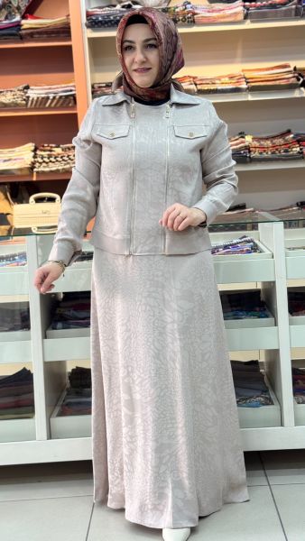 Jakarlı Fermuarlı Elbise Taş/30281