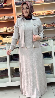 Jakarlı Fermuarlı Elbise Taş/30281 - Thumbnail