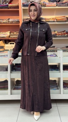 Jakarlı Fermuarlı Elbise Kahve/30281 - Thumbnail