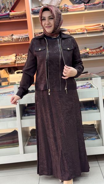 Jakarlı Fermuarlı Elbise Kahve/30281