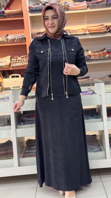 Jakarlı Fermuarlı Elbise Siyah/30281 - Thumbnail