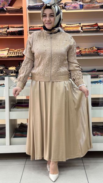 Jakarlı Kırınkıl Etekli Takım Vizon/60821