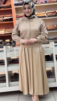 Jakarlı Kırınkıl Etekli Takım Vizon/60821 - Thumbnail