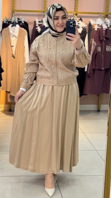 Jakarlı Kırınkıl Etekli Takım Vizon/60821 - Thumbnail