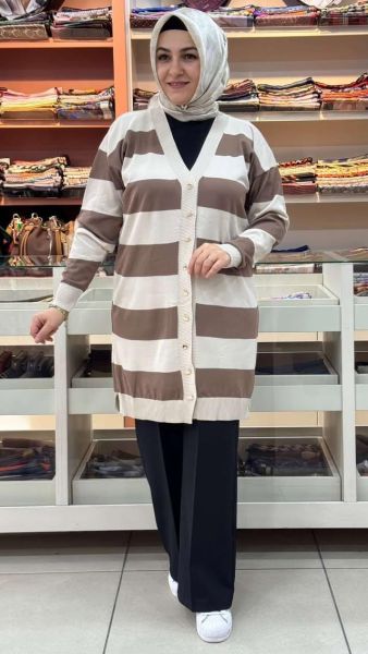 Kalın Çizgili Triko Hırka Vizon/3217