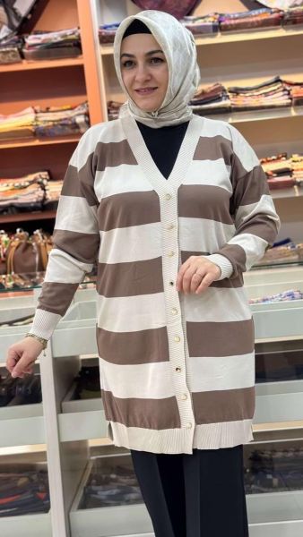 Kalın Çizgili Triko Hırka Vizon/3217