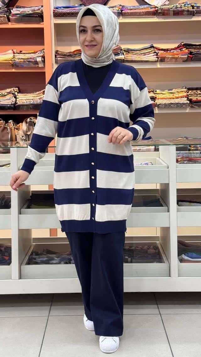  - Kalın Çizgili Triko Hırka Lacivert/3217