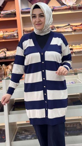 Kalın Çizgili Triko Hırka Lacivert/3217