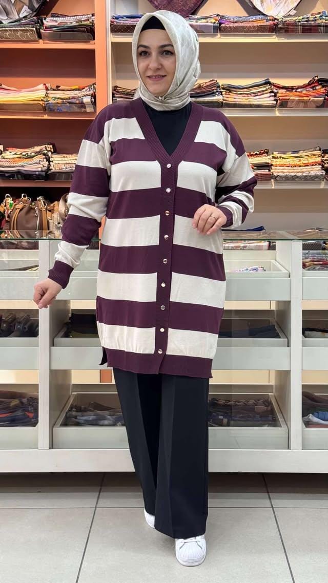  - Kalın Çizgili Triko Hırka Mürdüm/3217
