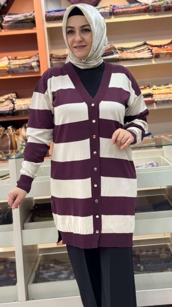 Kalın Çizgili Triko Hırka Mürdüm/3217