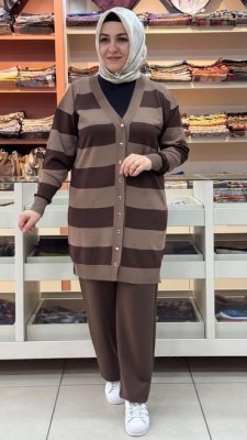  - Kalın Çizgili Triko Hırka Kahve/3217