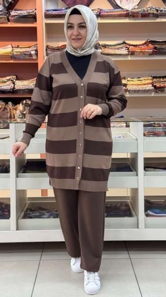 Kalın Çizgili Triko Hırka Kahve/3217