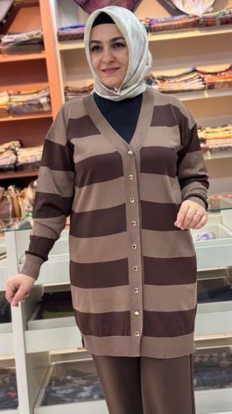 Kalın Çizgili Triko Hırka Kahve/3217