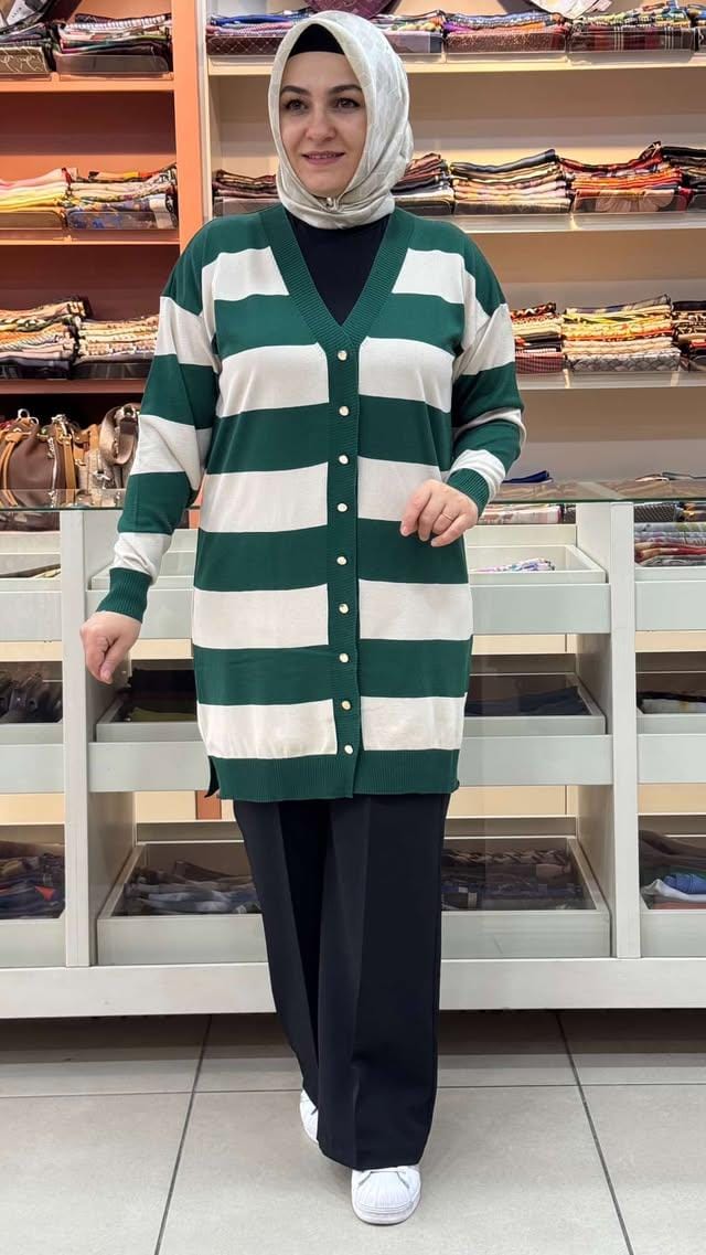  - Kalın Çizgili Triko Hırka Zümrüt/3217