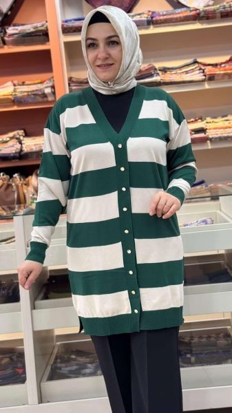 Kalın Çizgili Triko Hırka Zümrüt/3217