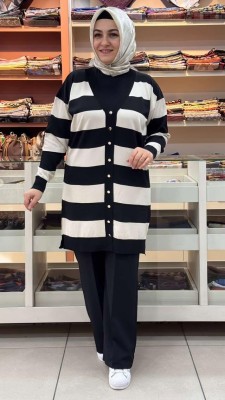 Kalın Çizgili Triko Hırka Siyah/3217 - Thumbnail