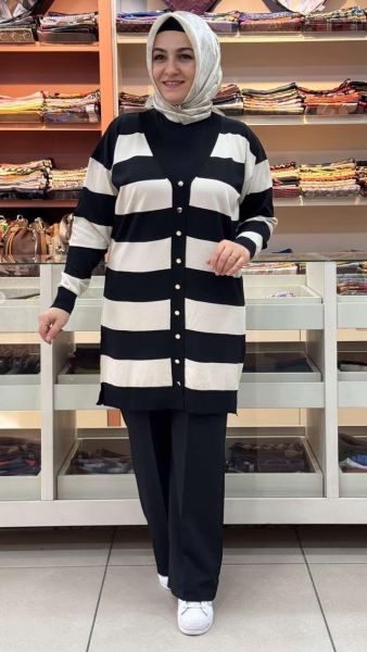 Kalın Çizgili Triko Hırka Siyah/3217
