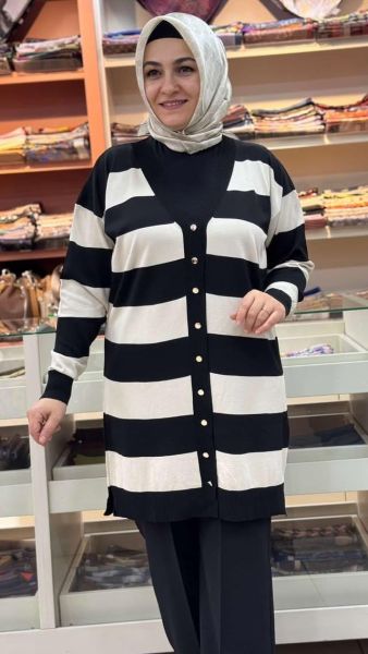 Kalın Çizgili Triko Hırka Siyah/3217