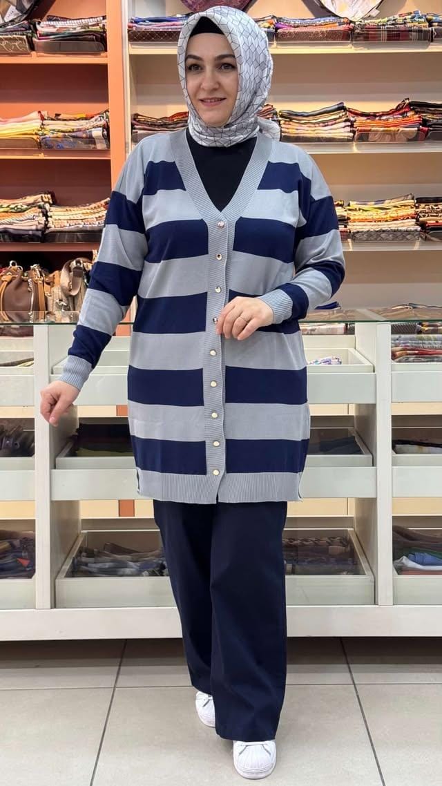  - Kalın Çizgili Triko Hırka Gri/3217