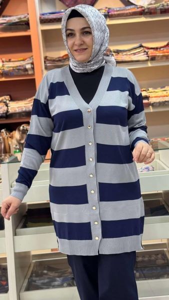 Kalın Çizgili Triko Hırka Gri/3217