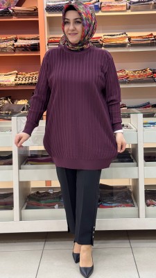 İnza Moda - Kalın Çizgili Triko Tunik Mürdüm/3185