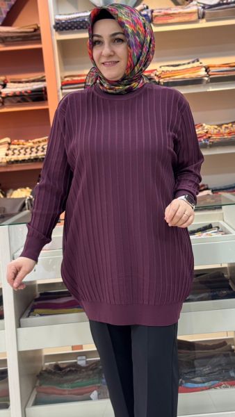Kalın Çizgili Triko Tunik Mürdüm/3185
