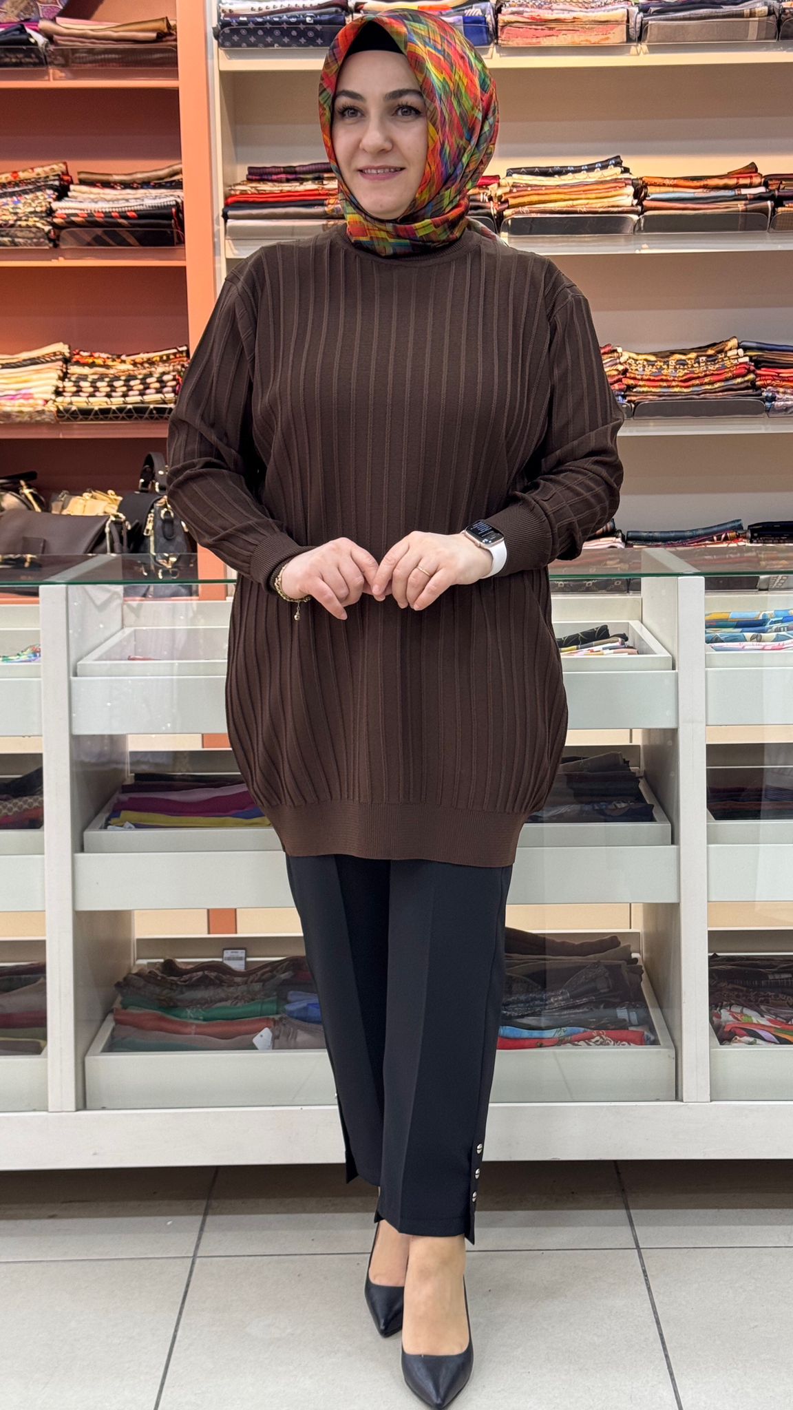 İnza Moda - Kalın Çizgili Triko Tunik Acı Kahve/3185