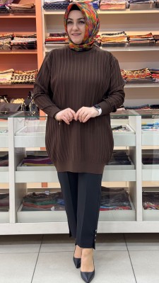 İnza Moda - Kalın Çizgili Triko Tunik Acı Kahve/3185