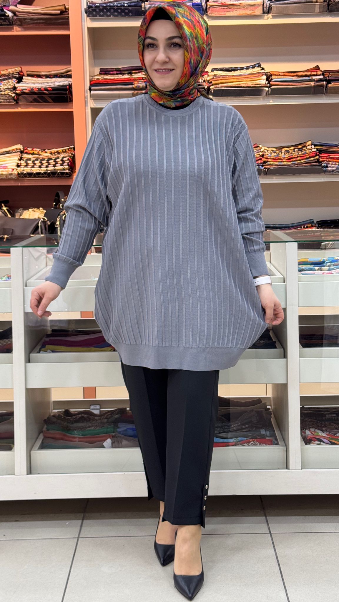 İnza Moda - Kalın Çizgili Triko Tunik Gri/3185