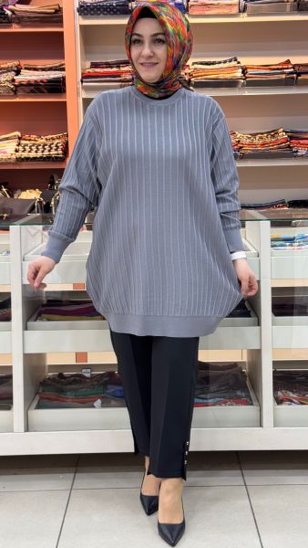 Kalın Çizgili Triko Tunik Gri/3185