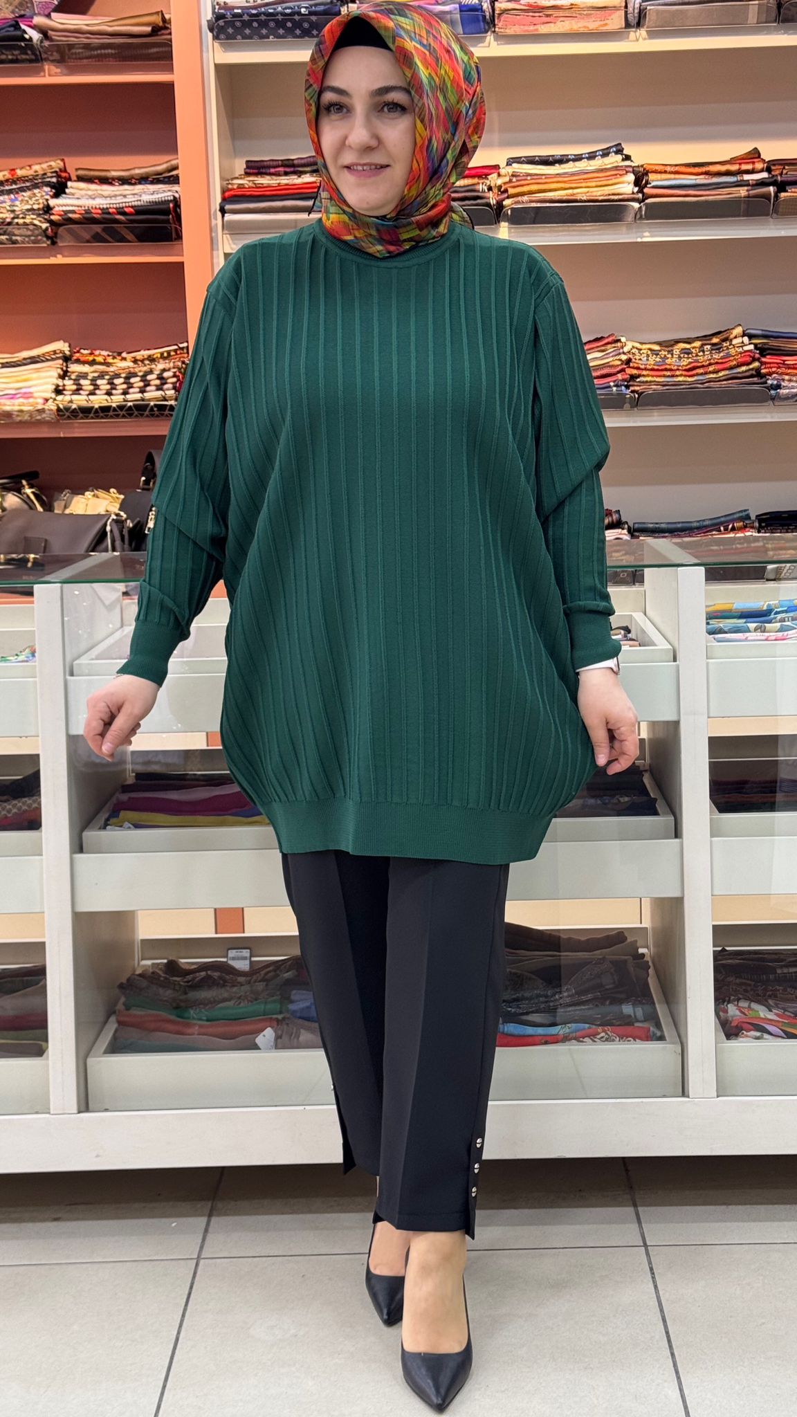 İnza Moda - Kalın Çizgili Triko Tunik Zümrüt/3185