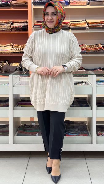 Kalın Çizgili Triko Tunik Taş/3185