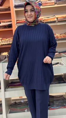 Kalın Çizgili Triko Tunik Lacivert/3185 - Thumbnail