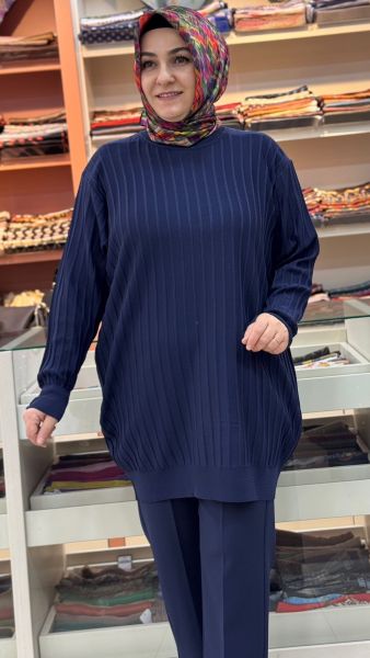 Kalın Çizgili Triko Tunik Lacivert/3185