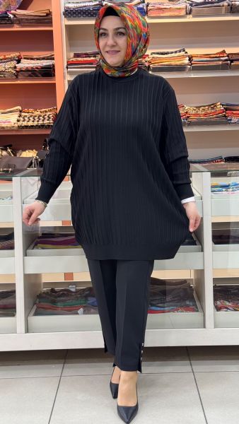 Kalın Çizgili Triko Tunik Siyah/3185