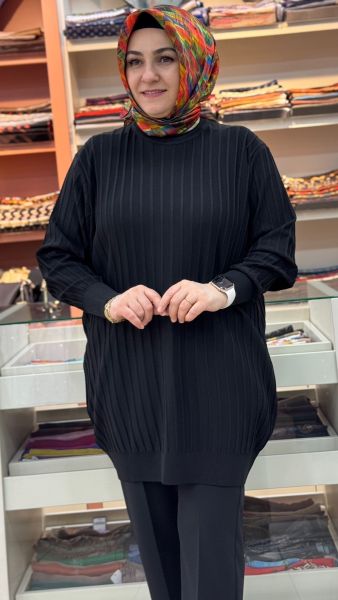 Kalın Çizgili Triko Tunik Siyah/3185