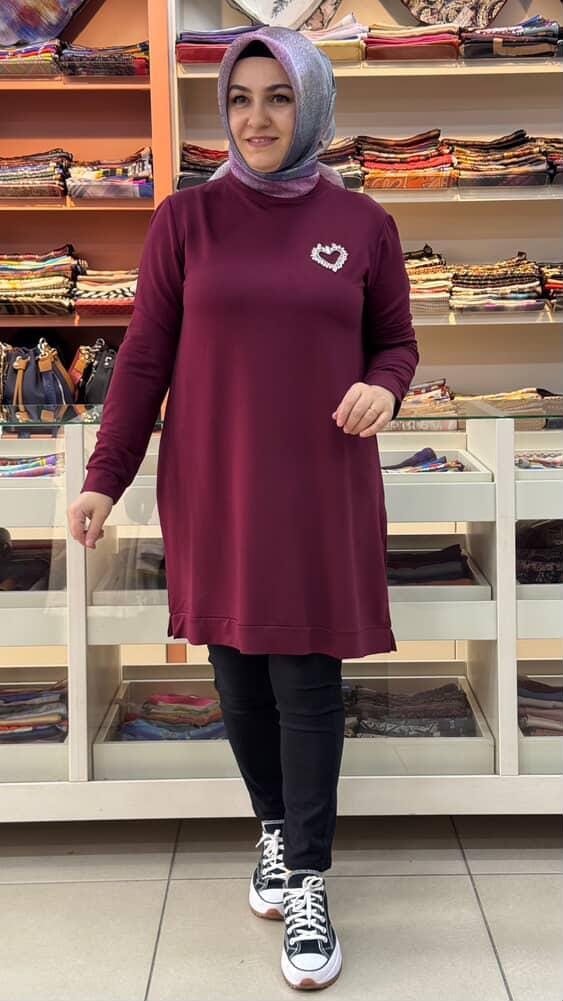 Kado - Kalpli Taşlı Sweat Tunik Bordo/257001