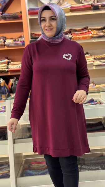 Kalpli Taşlı Sweat Tunik Bordo/257001