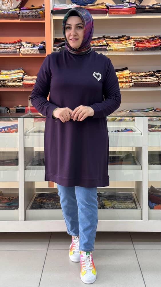 Kado - Kalpli Taşlı Sweat Tunik Mürdüm/257001