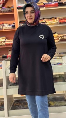 Kalpli Taşlı Sweat Tunik Siyah/257001 - Thumbnail