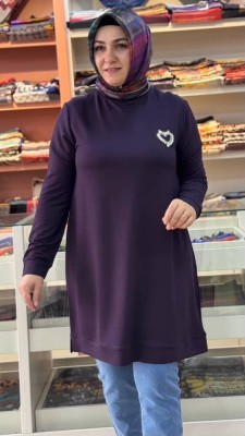 Kalpli Taşlı Sweat Tunik Mürdüm/257001 - Thumbnail