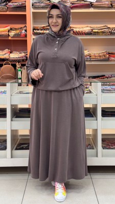 Aynaz - Kanguru Cepli Kapşonlu Etekli Takım Kahverengi/120351