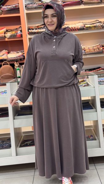 Kanguru Cepli Kapşonlu Etekli Takım Kahverengi/120351