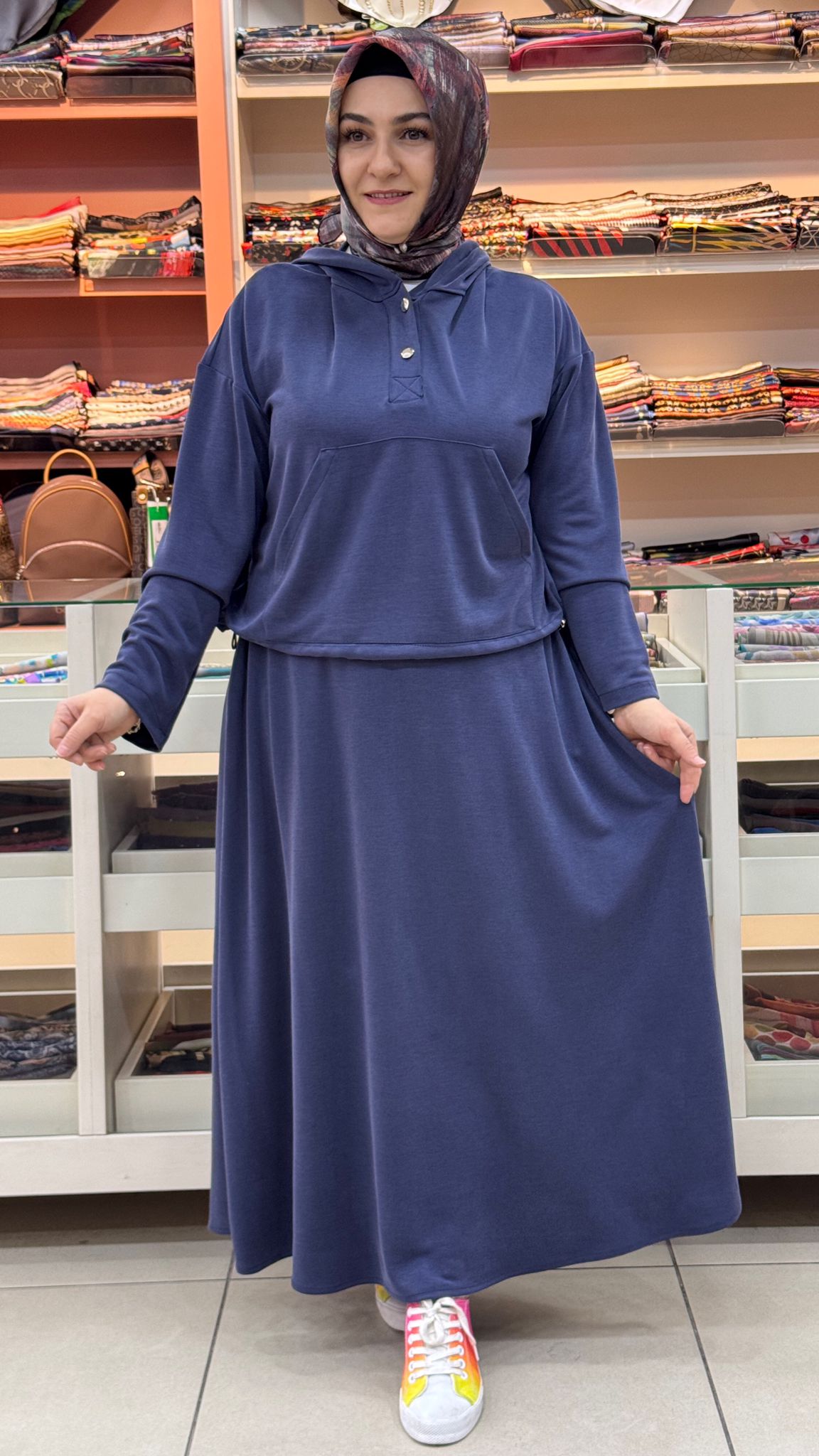 Aynaz - Kanguru Cepli Kapşonlu Etekli Takım Lacivert/120351