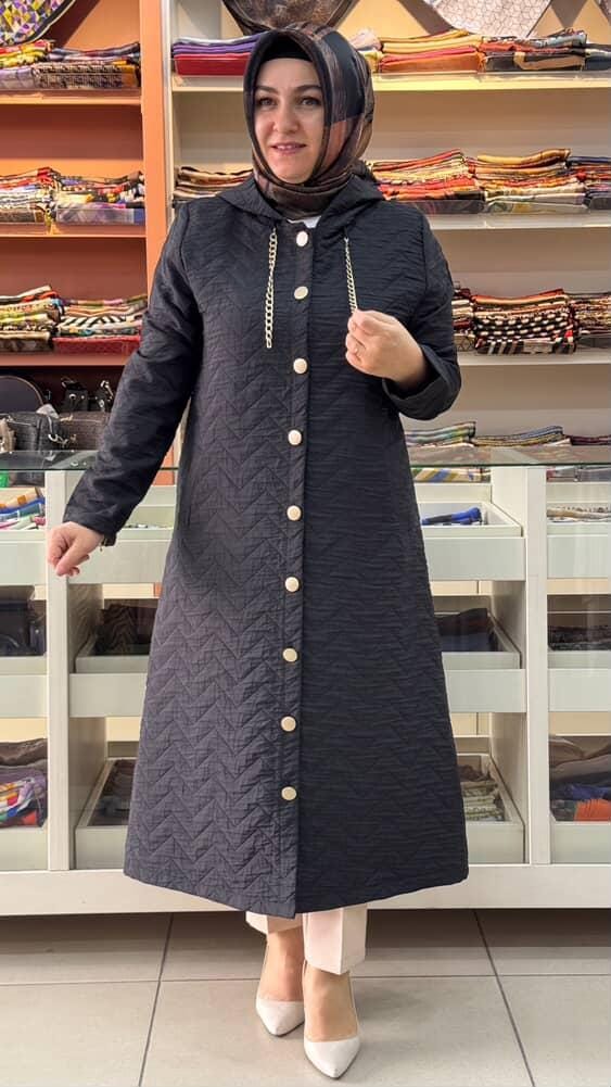  - Kapitone Kapşonlu Kap Siyah/1857