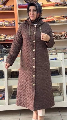 Kapitone Kapşonlu Kap Kahve/1857 - Thumbnail