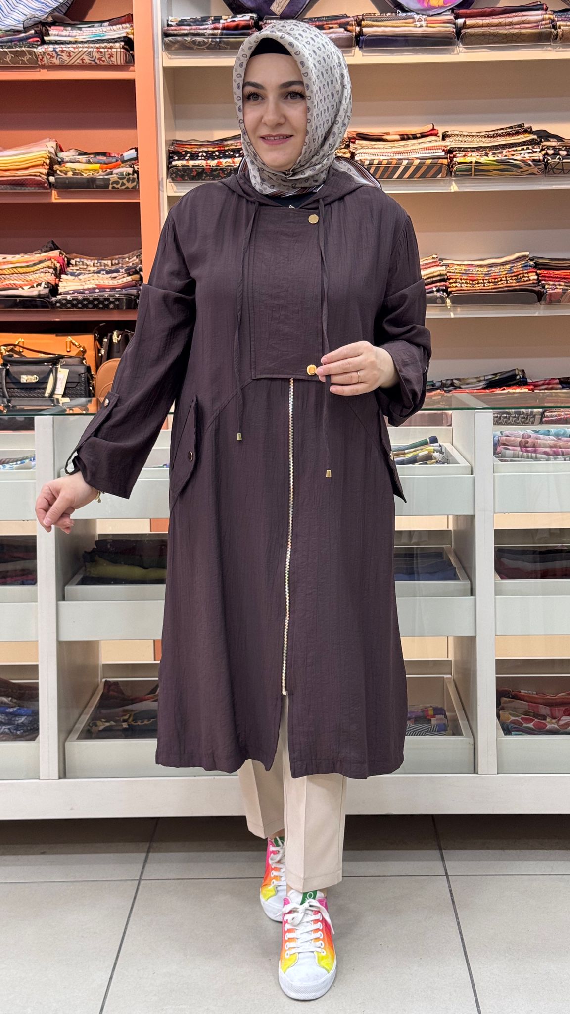 Puane - Kapşonlu Fermuarlı Çıt Çıt Detaylı Kap Kahve/15254